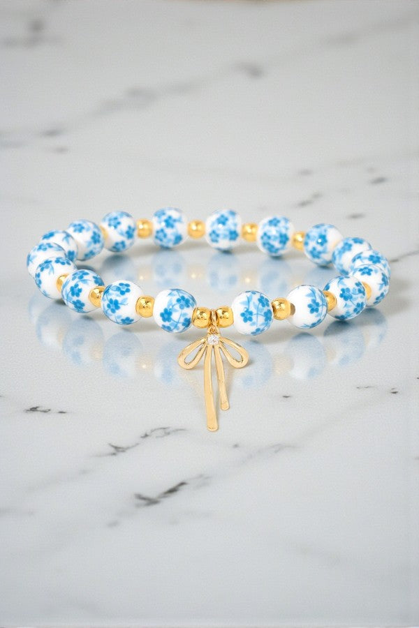 Jen Light Blue Floral Bow Beaded Bracelet