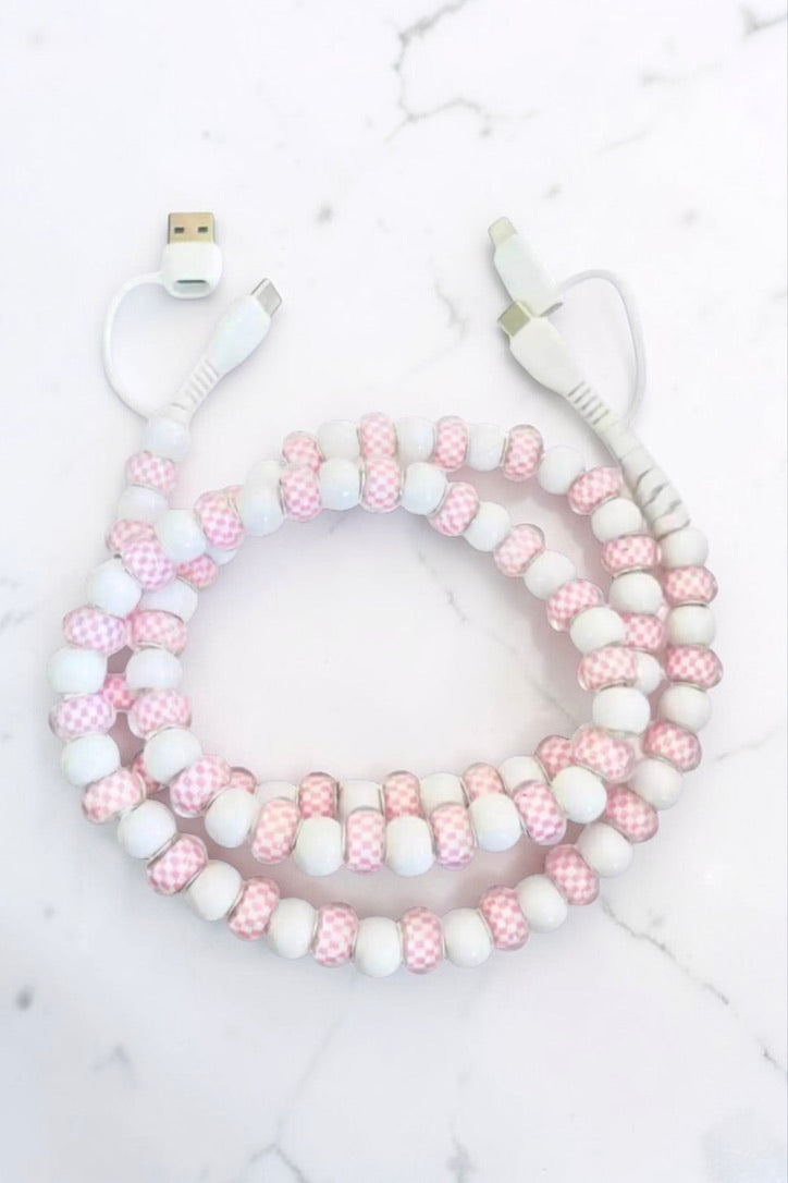 PREORDER Updated Pink Gingham and White Beaded Cord Charger