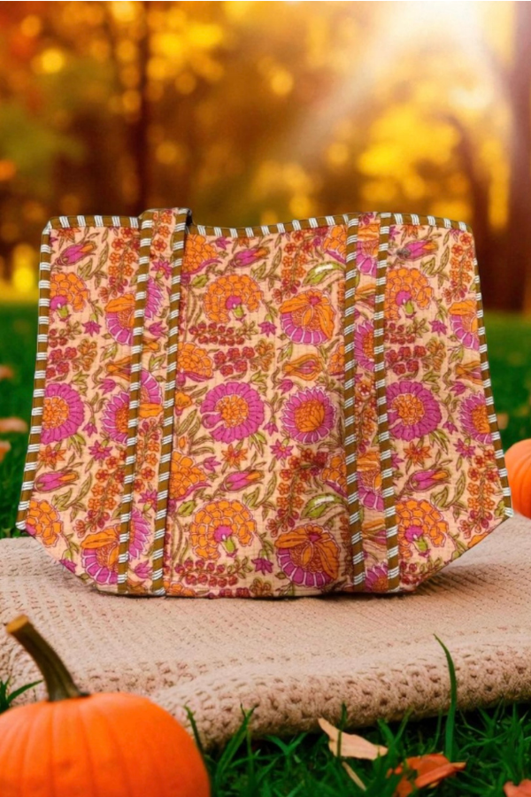 Rue Orange Floral Patterned Tote Bag