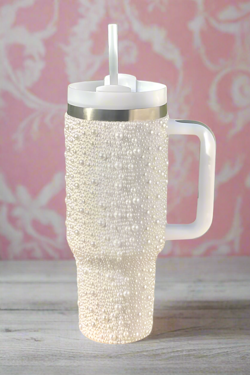 40oz White Pearl Studded Tumbler