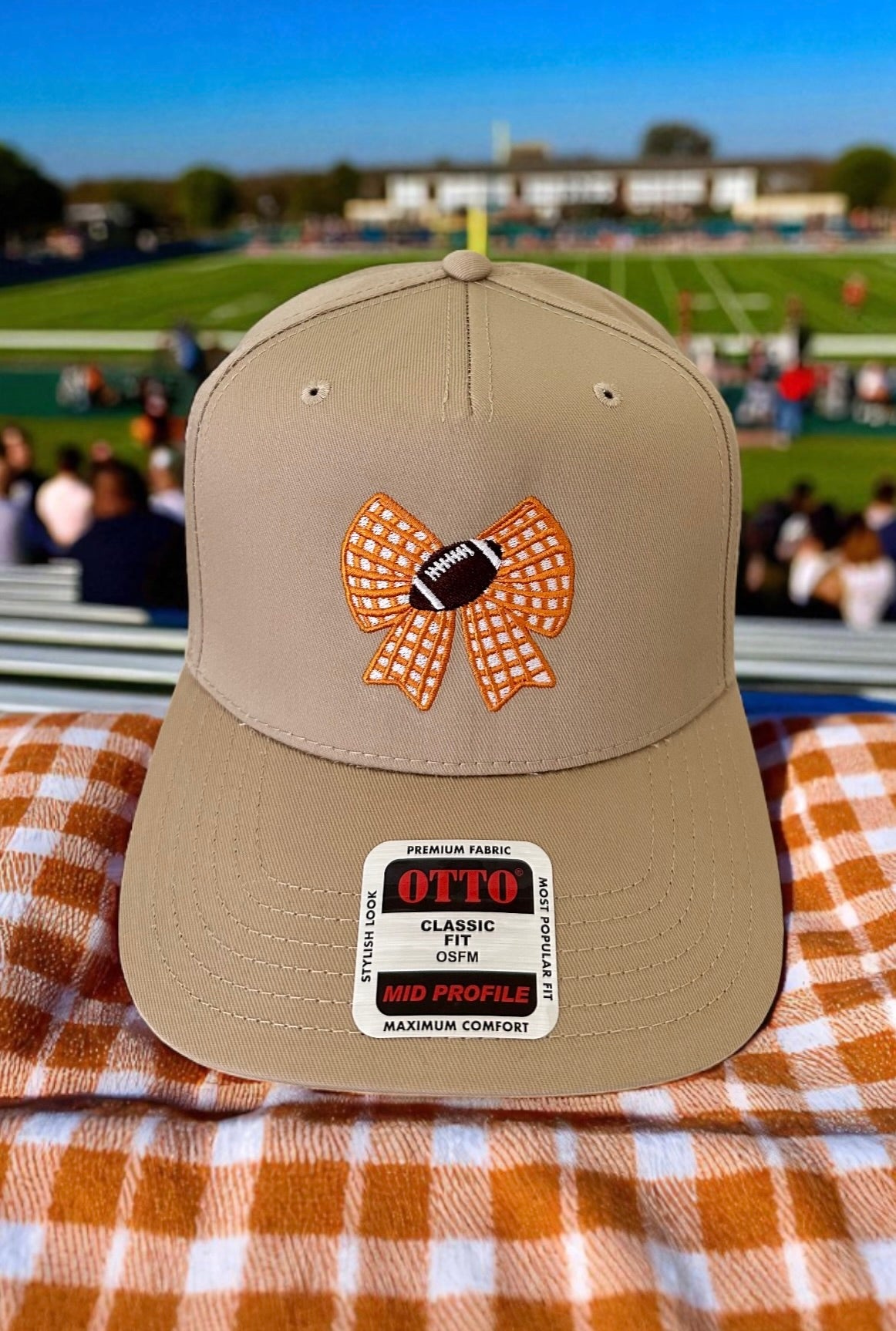 Orange Gingham Bow Football Embroidered Hat