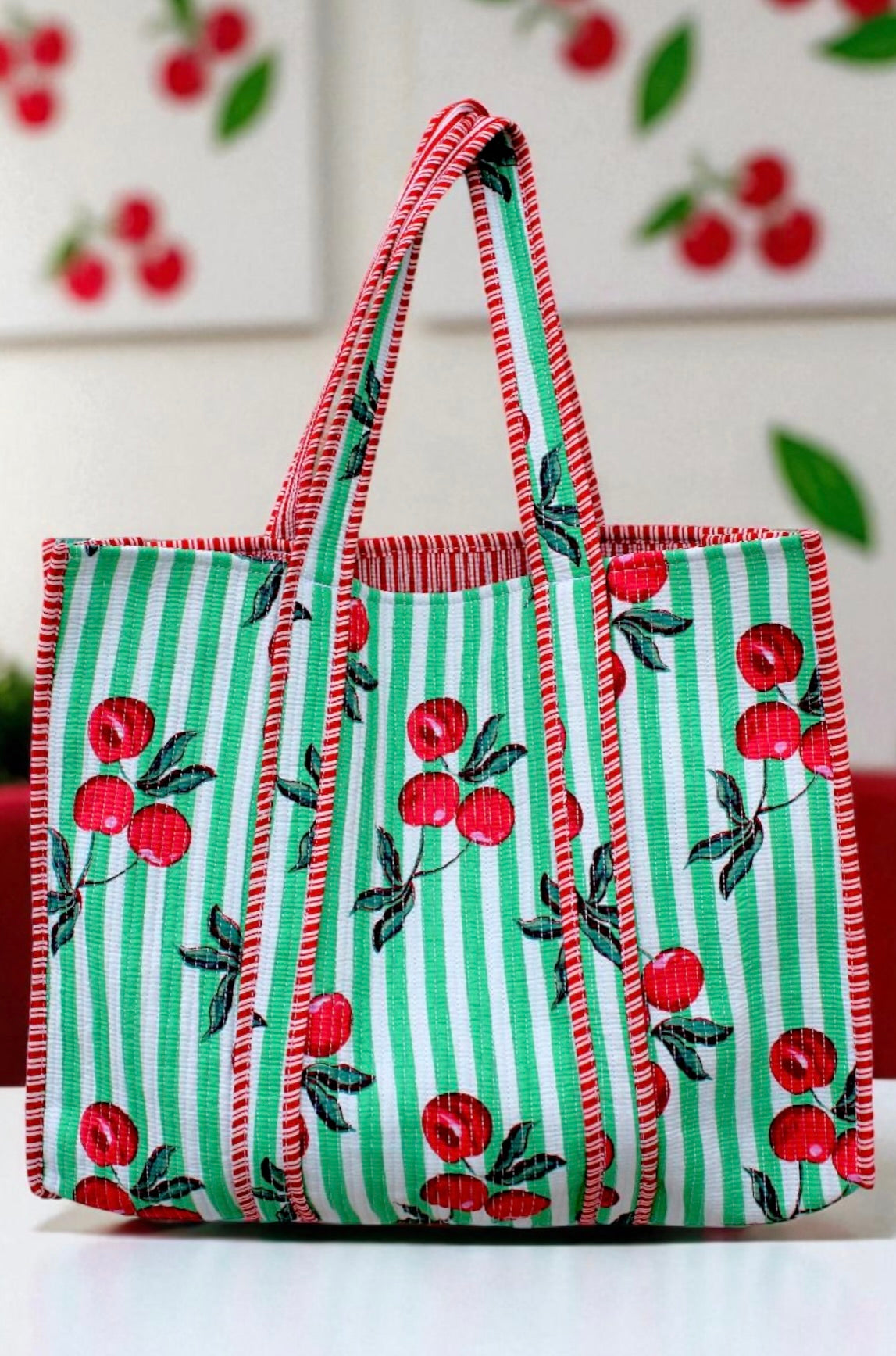 Campbell Green Striped Cherry Tote Bag
