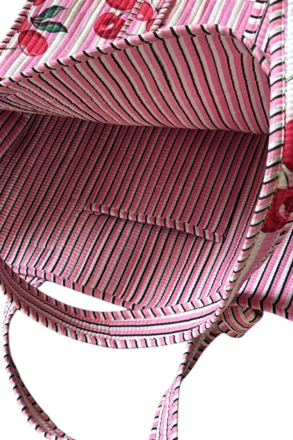 PREORDER Eliza Pink Striped Cherry Floral Tote Bag