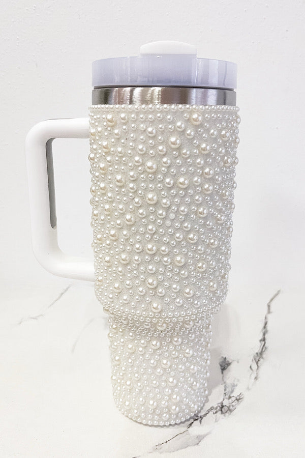 40oz White Pearl Studded Tumbler