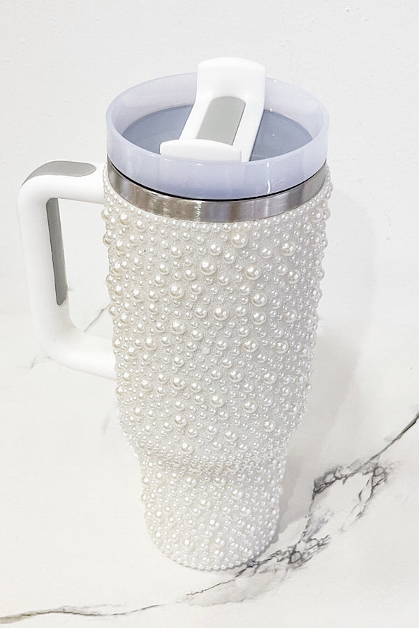 40oz White Pearl Studded Tumbler