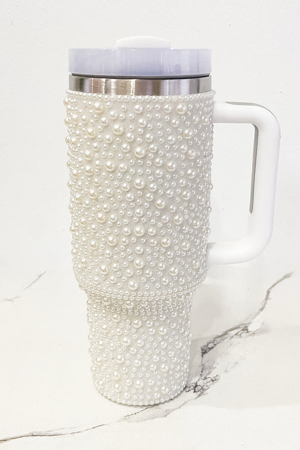 40oz White Pearl Studded Tumbler