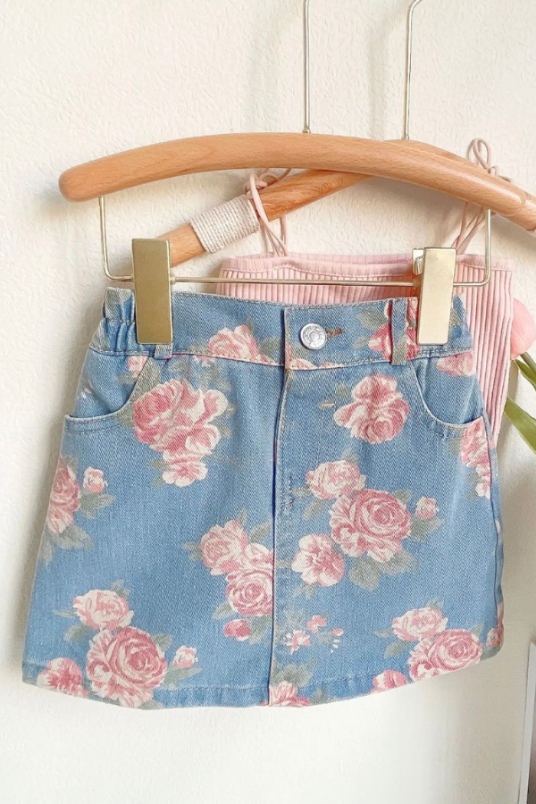 PREORDER Betsy Kids Floral Denim Skirt