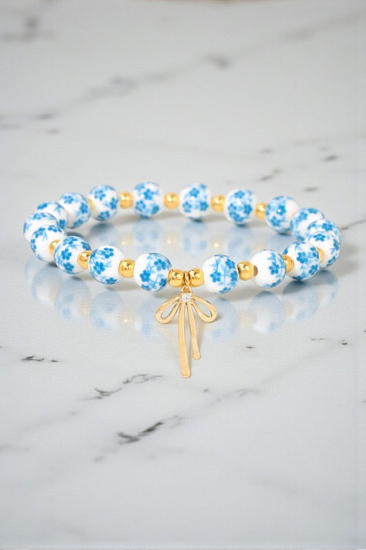 Jen Light Blue Floral Bow Beaded Bracelet