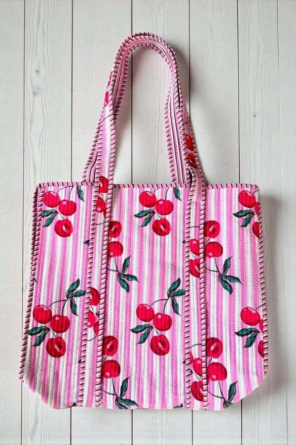 PREORDER Eliza Pink Striped Cherry Floral Tote Bag