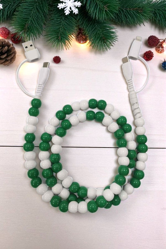 PREORDER Updated Green and White Beaded Phone Charger