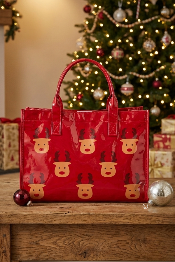 Oh Deer! Christmas is Here! Red Vinyl Tote Bag