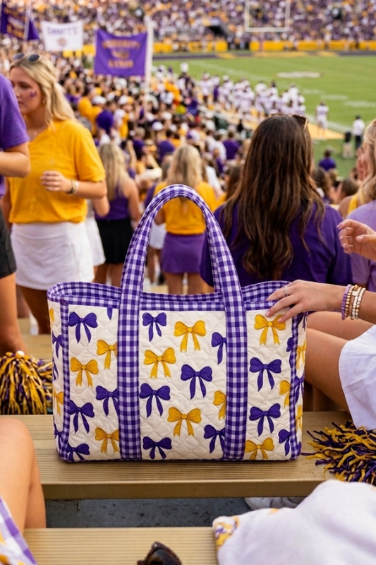 PREORDER Sideline Social Purple and Yellow Bow Tote Bag