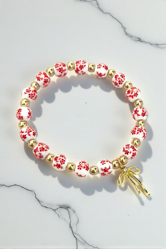 Jen Red Floral Bow Beaded Bracelet