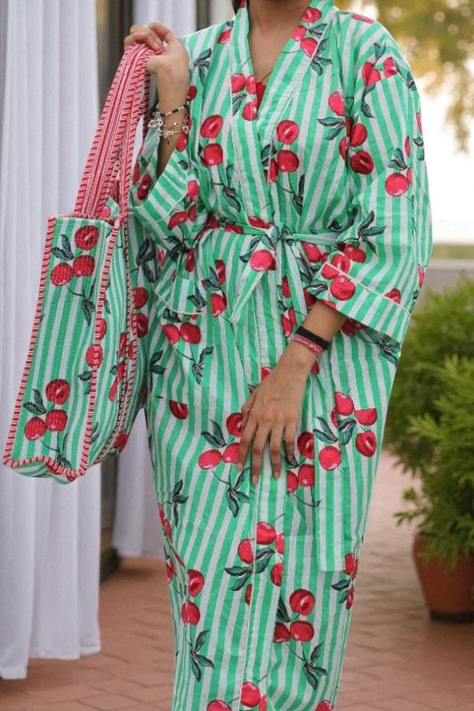 PREORDER Piper Green Cherry Print Kimono Robe