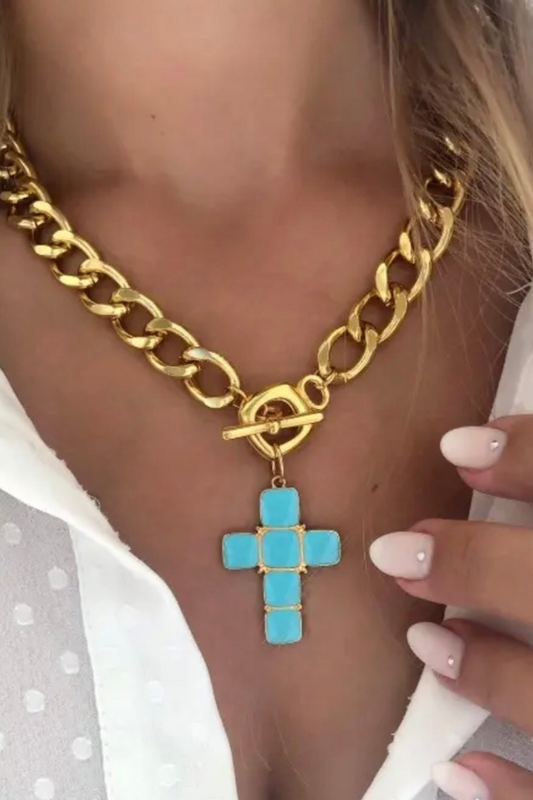 PREORDER Leah Gold Turquoise Cross Necklace