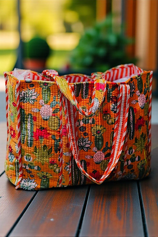 Clementine Orange Velvet Cactus Print Tote Bag