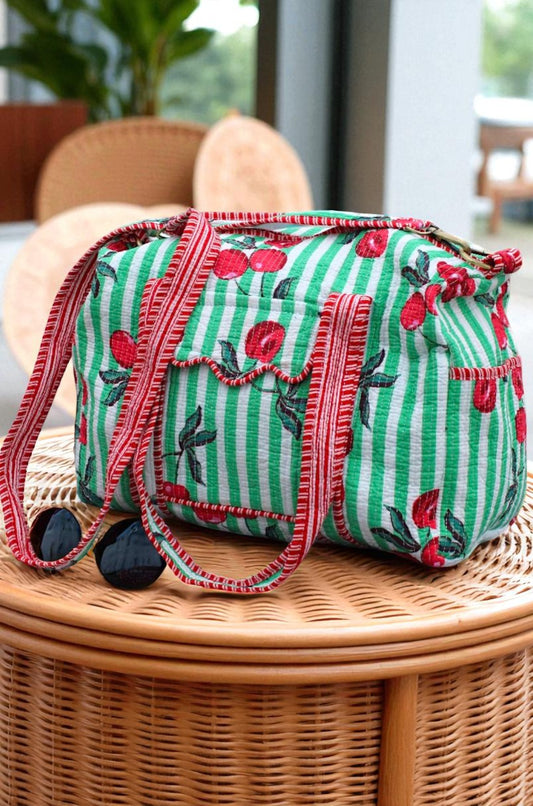 PREORDER Campbell Green Striped Cherry Duffle Bag