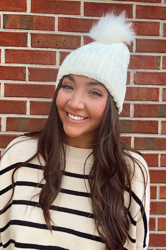 White Cable Knit Pom Beanie