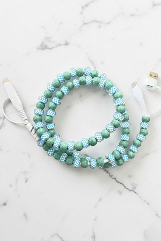 PREORDER Updated Blue Gingham and Green Beaded Cord Charger