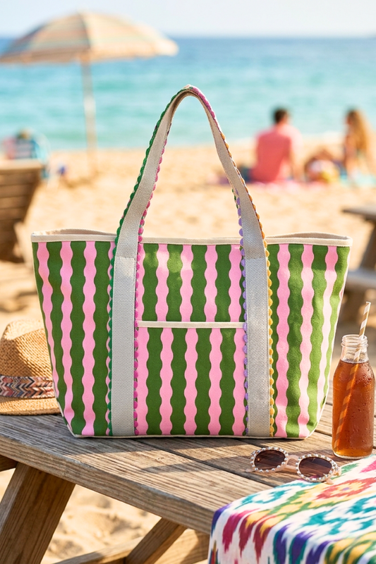 Vivian Green and Pink Striped Canvas Tote Bag PREORDER