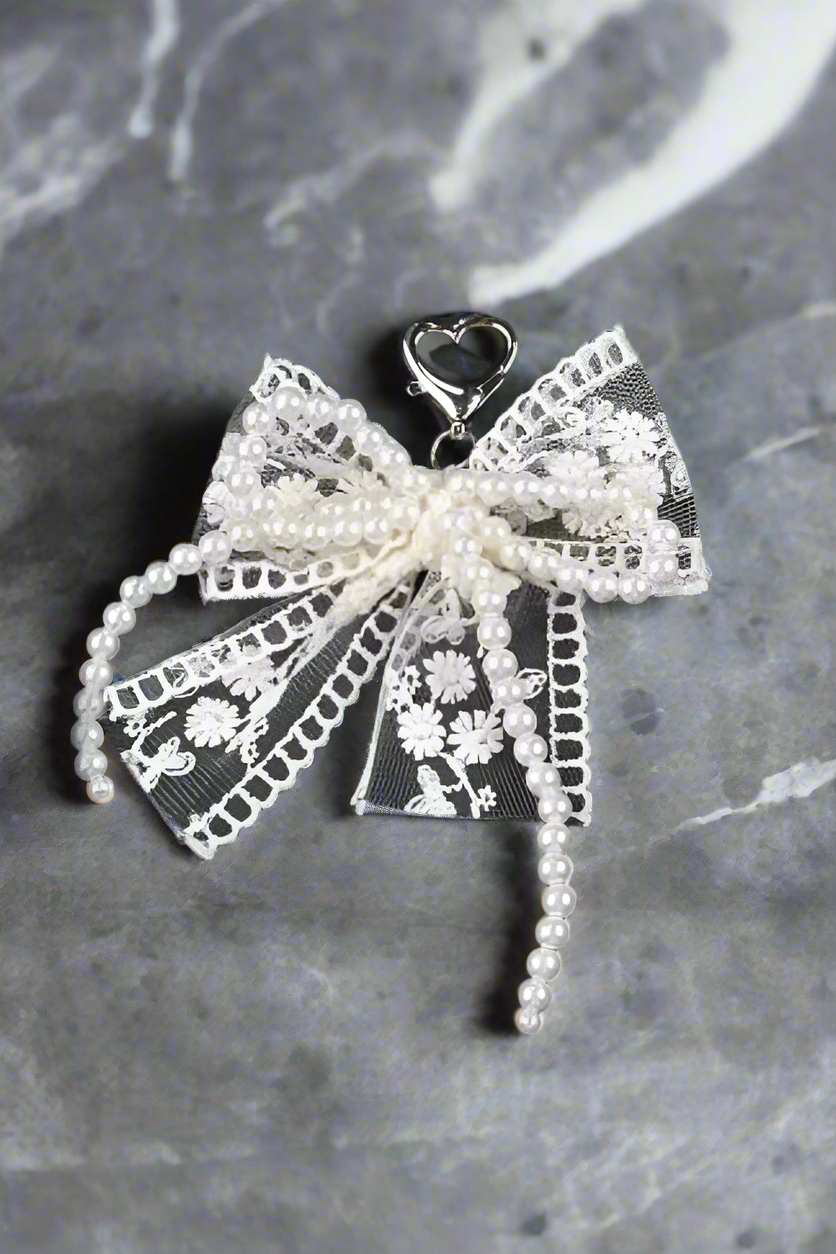 White Lace and Pearl Bow Purse Charm