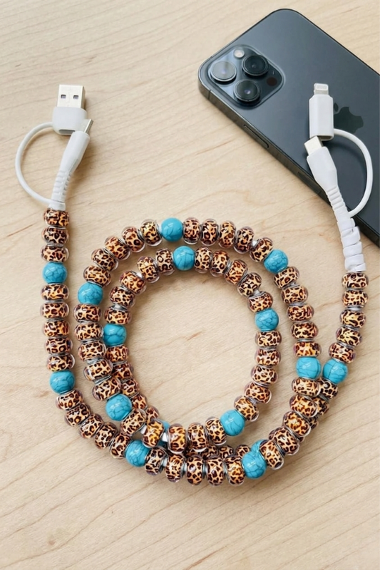 Updated Turquoise and Leopard Beaded Cord Charger PREORDER