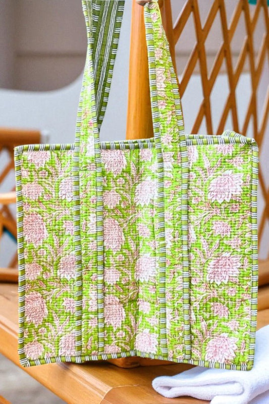 Garden Party Green Floral Tote Bag