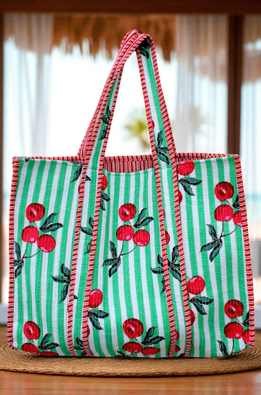 PREORDER Campbell Green Striped Cherry Tote Bag