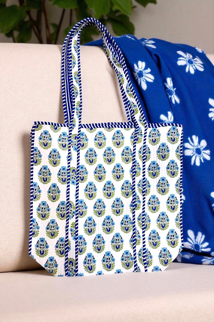 PREORDER Emma Blue and White Floral Tote Bag