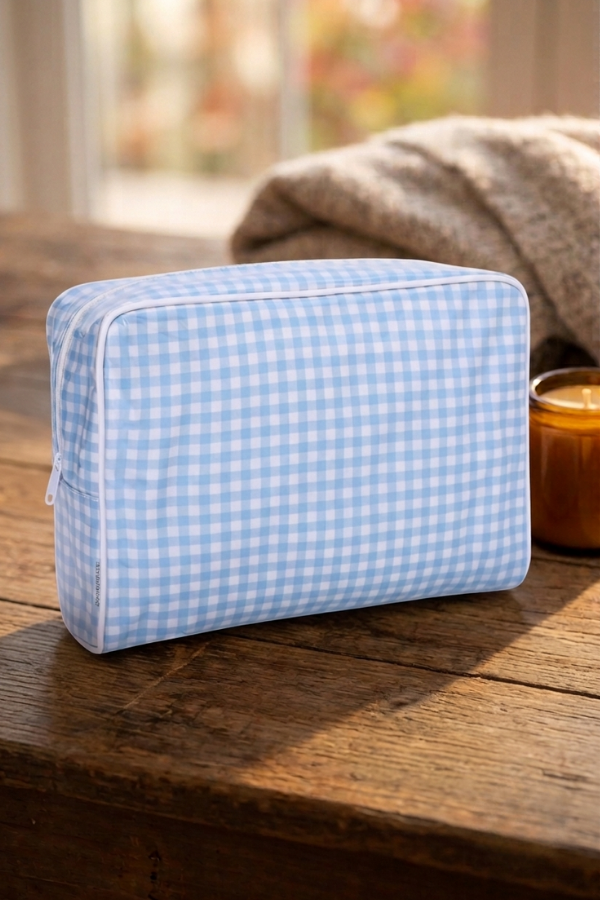 Eleanor Blue Gingham Clear Coat Cosmetic Bag