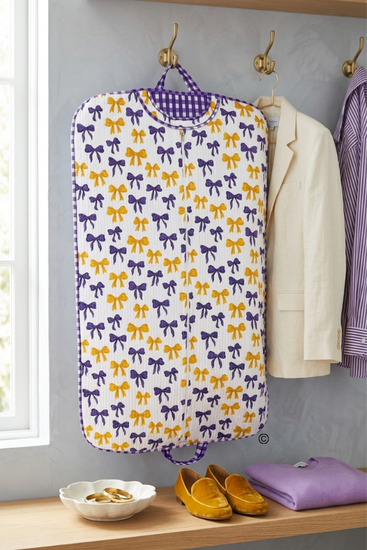 Sideline Social Purple and Yellow Bow Garment Bag PREORDER