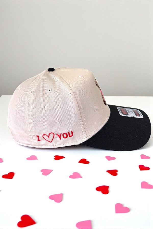 I Heart You Valentine Teddy Embroidered Hat
