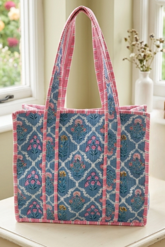 Cottagecore Blue Floral Quilted Tote Bag PREORDER