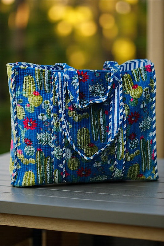 Boone Blue Velvet Cactus Print Tote Bag