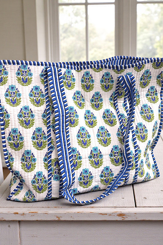 Emma Blue and White Floral Tote Bag
