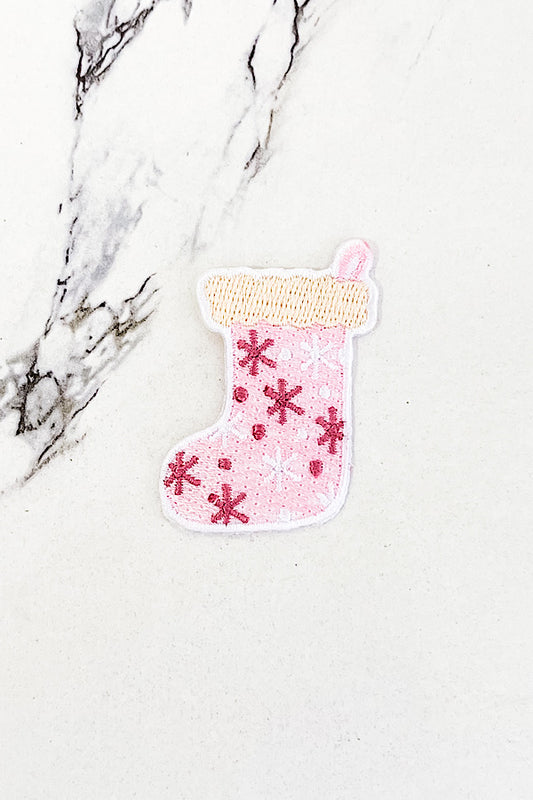 Pink Snowflake Stocking Embroidered Patch