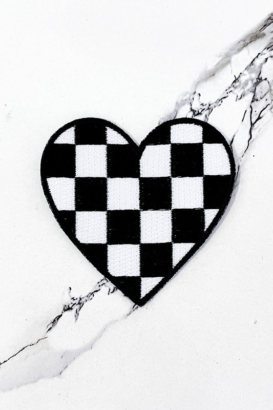 Black White Check Heart Embroidered Patch