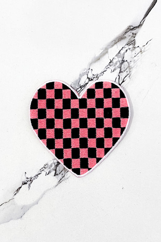 Pink Check Heart Embroidered Patch