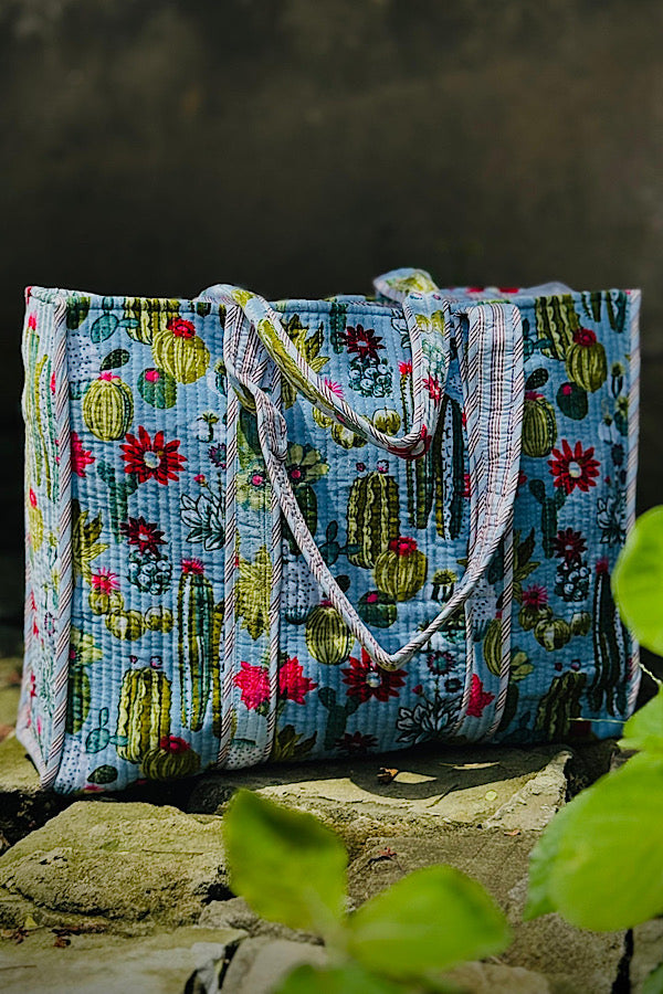 PREORDER Wynn Light Blue Velvet Cactus Print Tote Bag