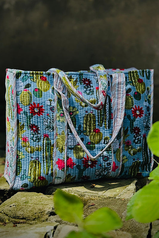 PREORDER Wynn Light Blue Velvet Cactus Print Tote Bag