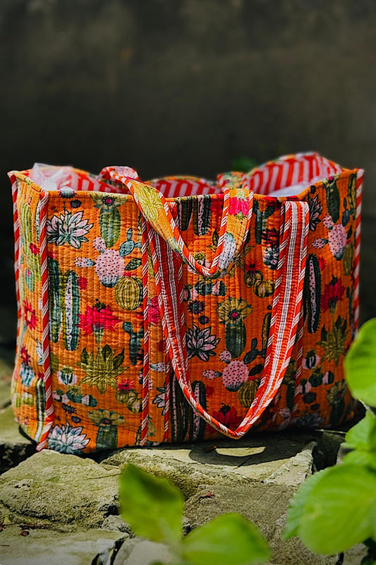 PREORDER Clementine Orange Velvet Cactus Print Tote Bag