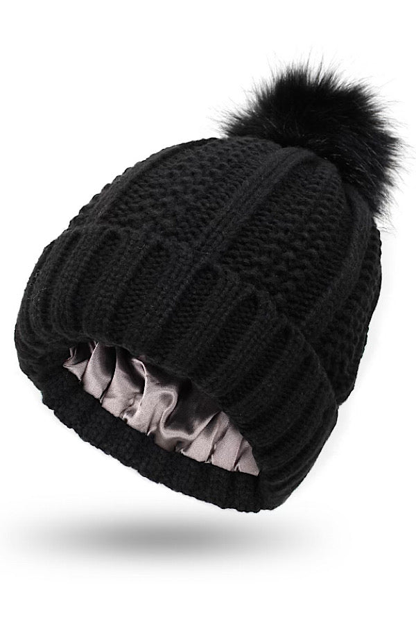 Black Satin Lined Pom Beanie