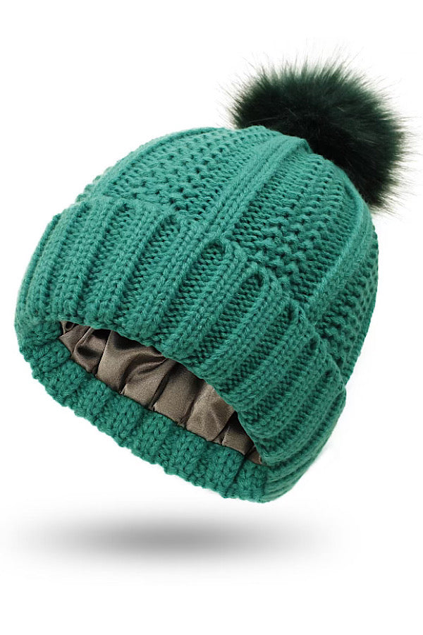 Green Satin Lined Pom Beanie