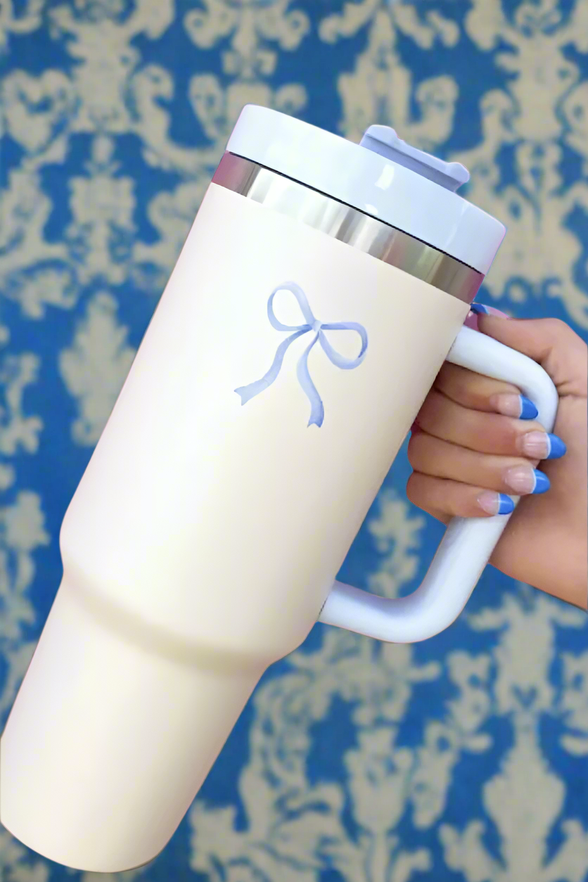 PREORDER 40oz Cream with Blue Bow Tumbler