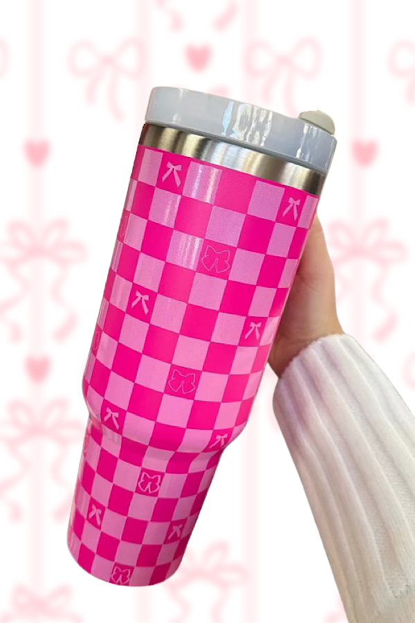 PREORDER 40oz Hot Pink Check with Bows Tumbler