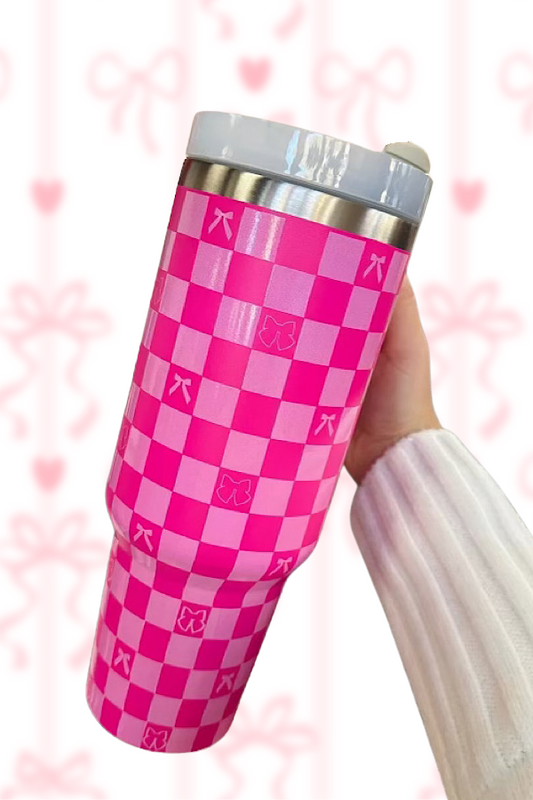 PREORDER 40oz Hot Pink Check with Bows Tumbler