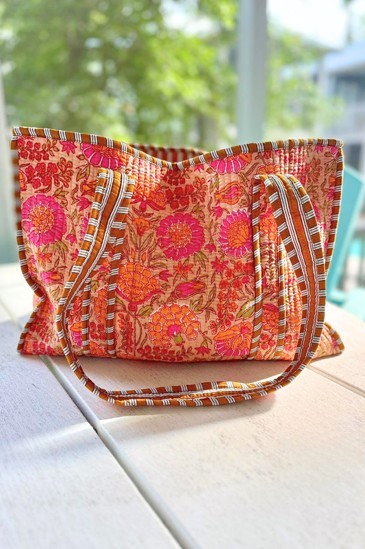 Rue Orange Floral Patterned Tote Bag