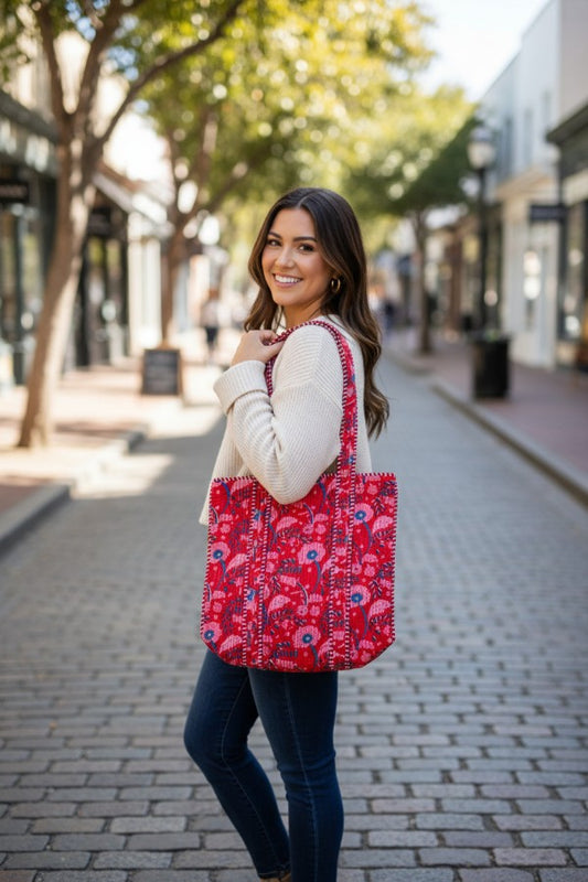 Scarlet Blooms Floral Tote Bag