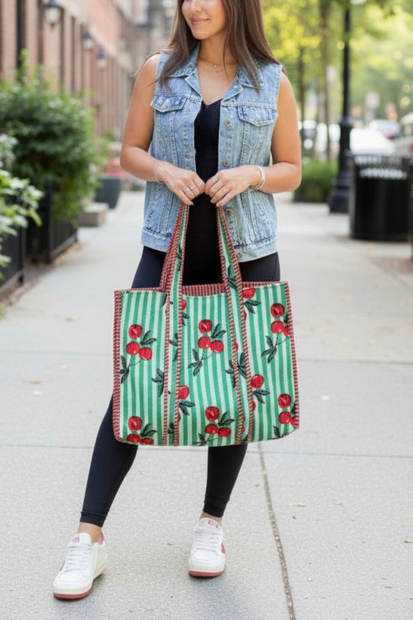 Campbell Green Striped Cherry Tote Bag