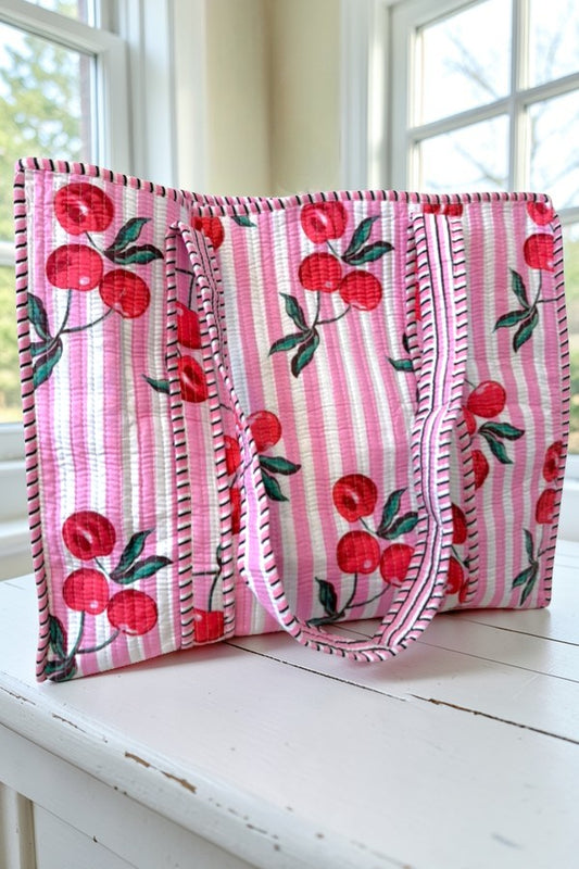 PREORDER Eliza Pink Striped Cherry Floral Tote Bag